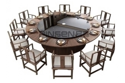新中式實木玻璃轉盤包廂餐桌椅子組合