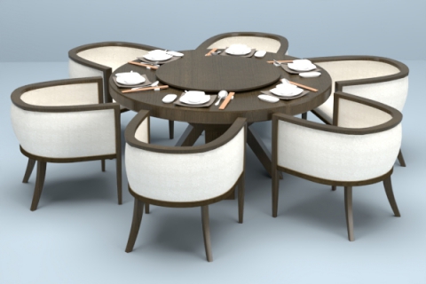 六人位歐式休閑西餐廳小轉盤圓桌古典餐椅組合