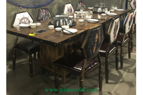美式loft復古風格實木蒸汽火鍋餐桌椅組合